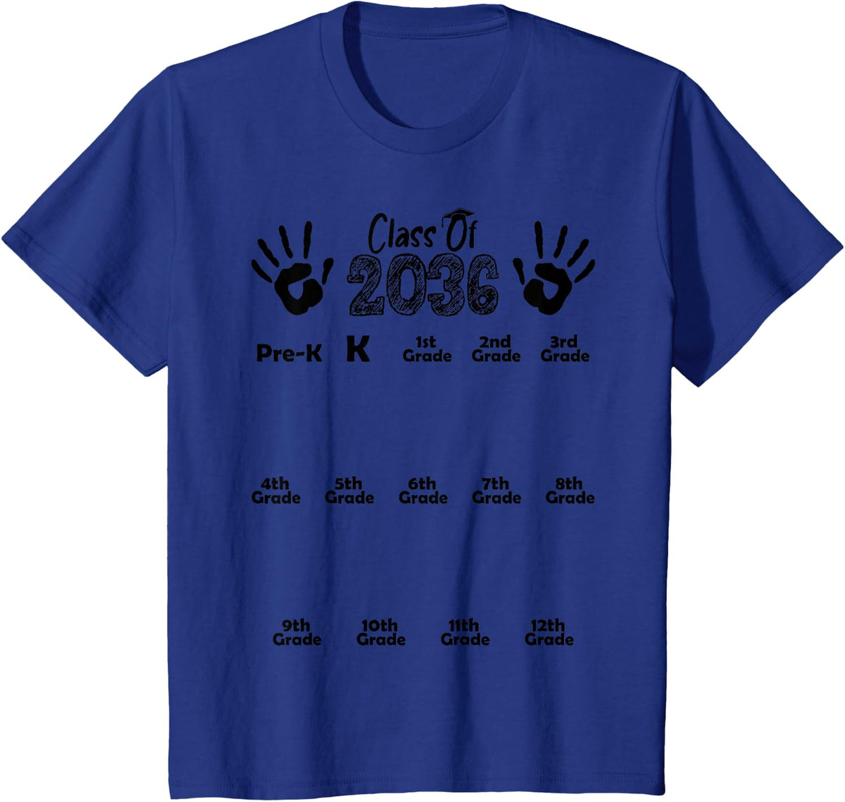 Class of 2036 Grow With Me White Handprint Pre-K 12th Grade T-Shirt - Royal Blue