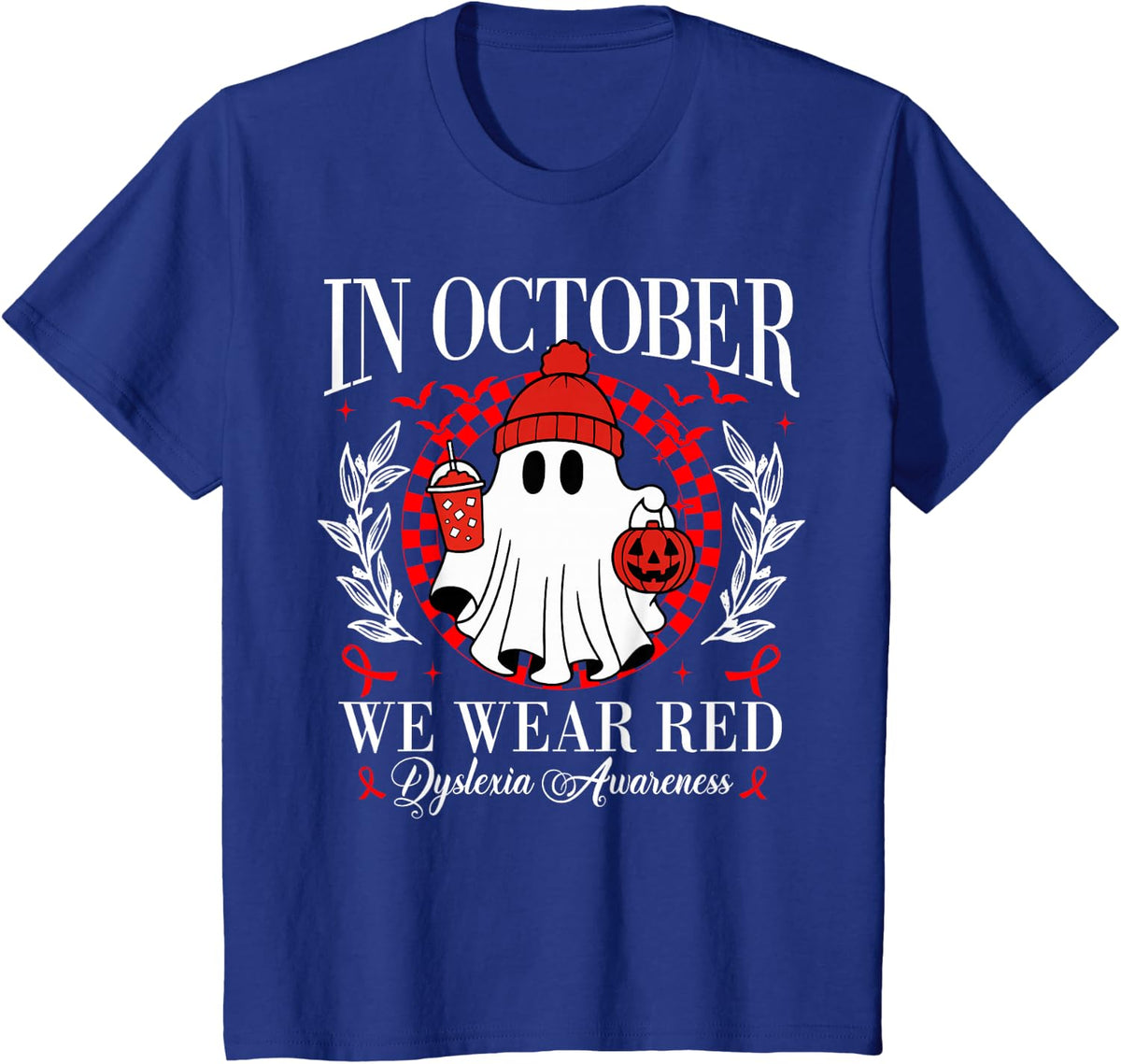 October We Wear Red Dyslexia Awareness Month Halloween Ghost T-Shirt - Royal Blue