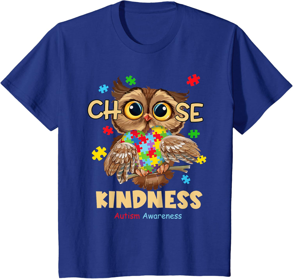 Cute Owl Choose Kindness Autism Awareness T-Shirt - Royal Blue