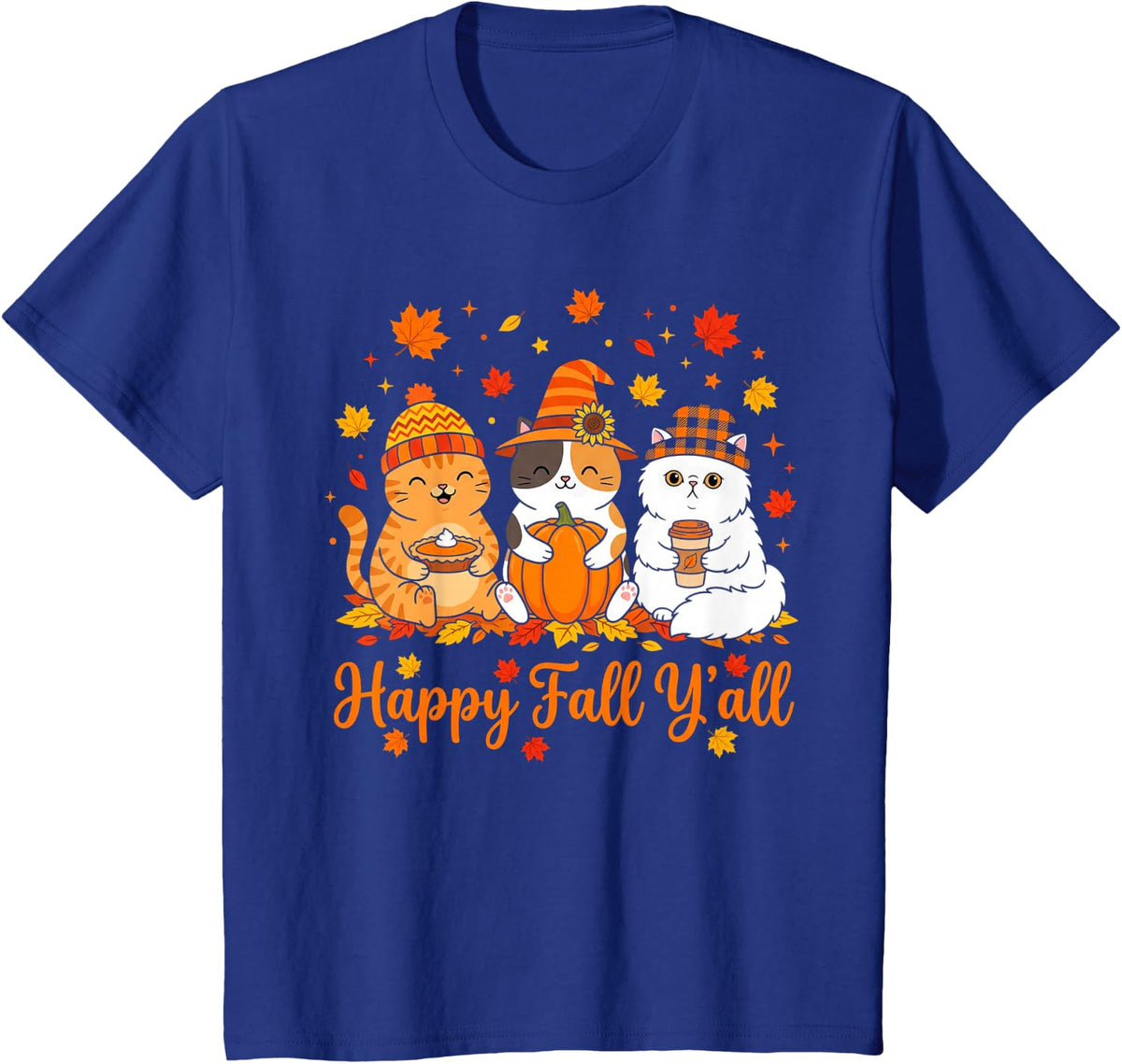 Happy Fall Y'all Chubby Cats Pumpkin Autumn Thanksgiving T-Shirt - Royal Blue