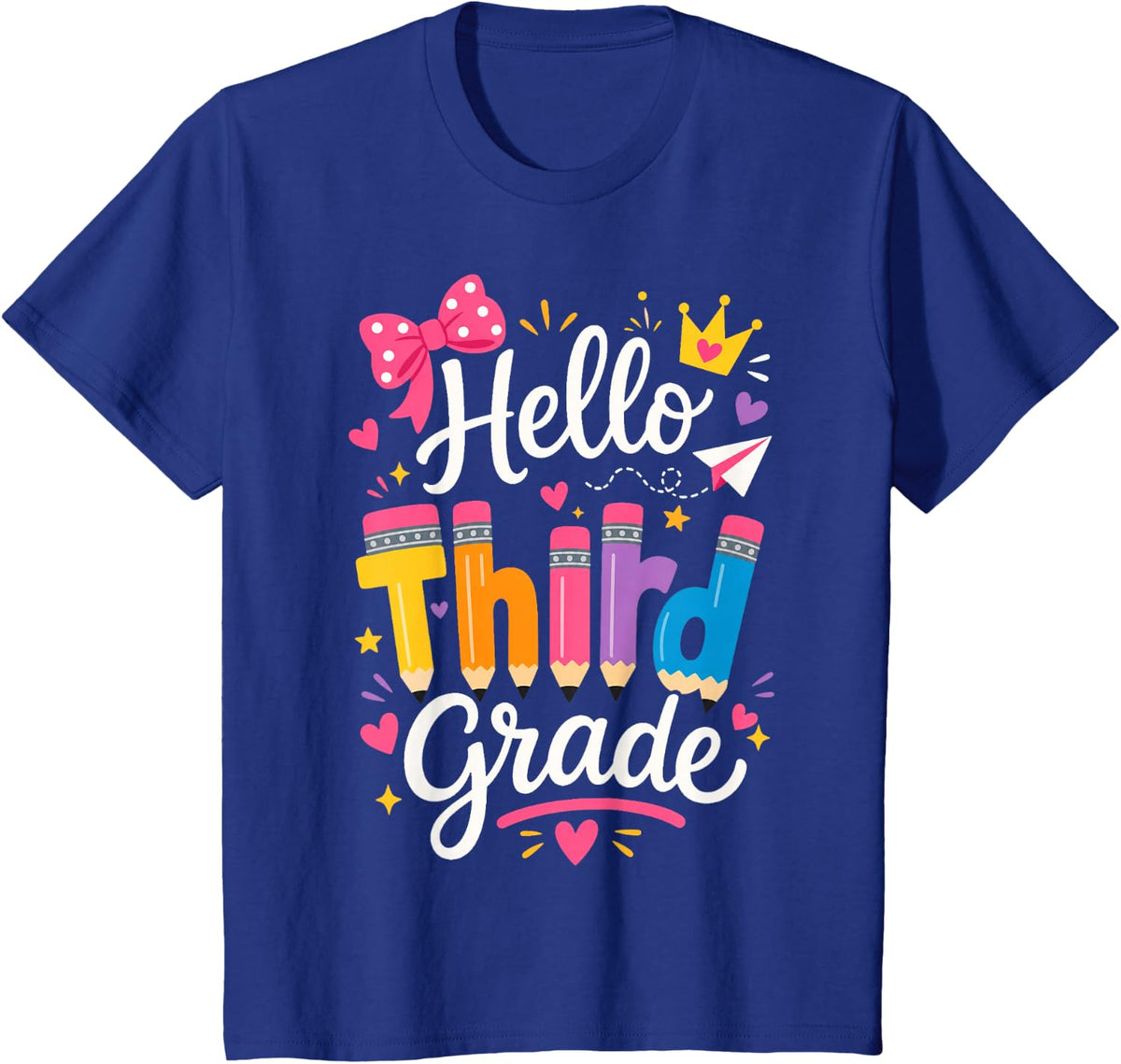 Hello Third Grade Coquette Bow Girls Back to School T-Shirt - Royal Blue