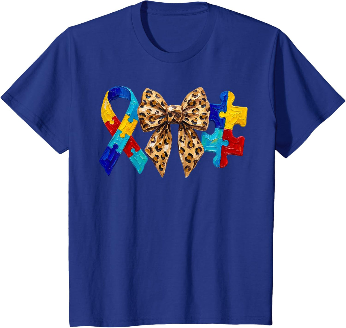 Autism Awareness Leopard Bow Puzzle Piece Ribbon Autistic T-Shirt - Royal Blue