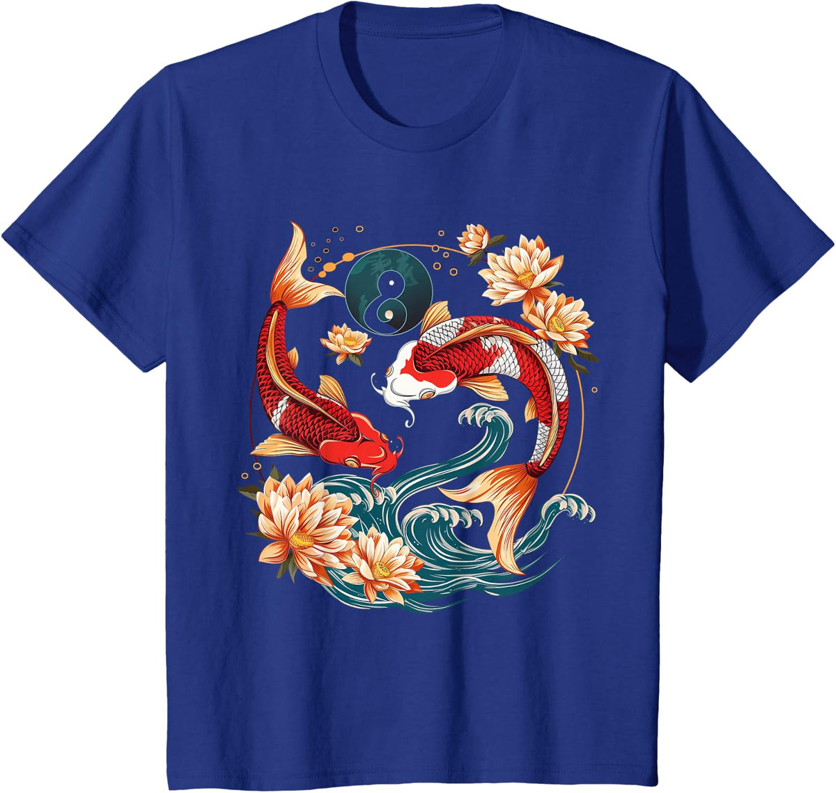 Japanese Koi Fish Vintage Lotus Flowers Tees T Shirts Men Women - Royal Blue