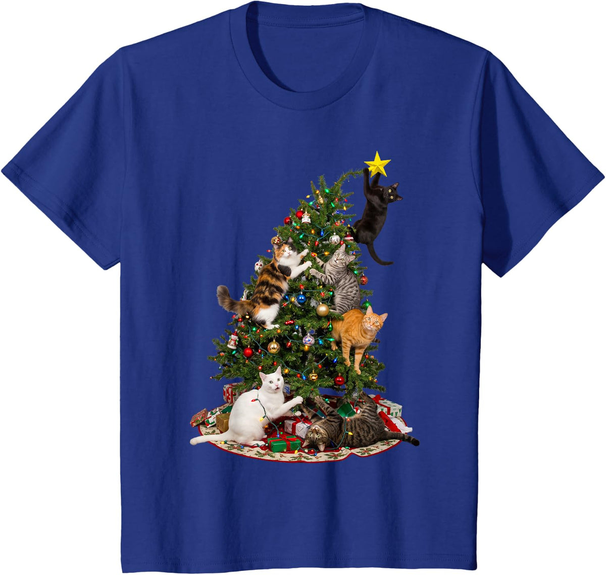 Christmas Tree Black Cat Tabby Calico Holiday Funny Graphic T-Shirt - Royal Blue