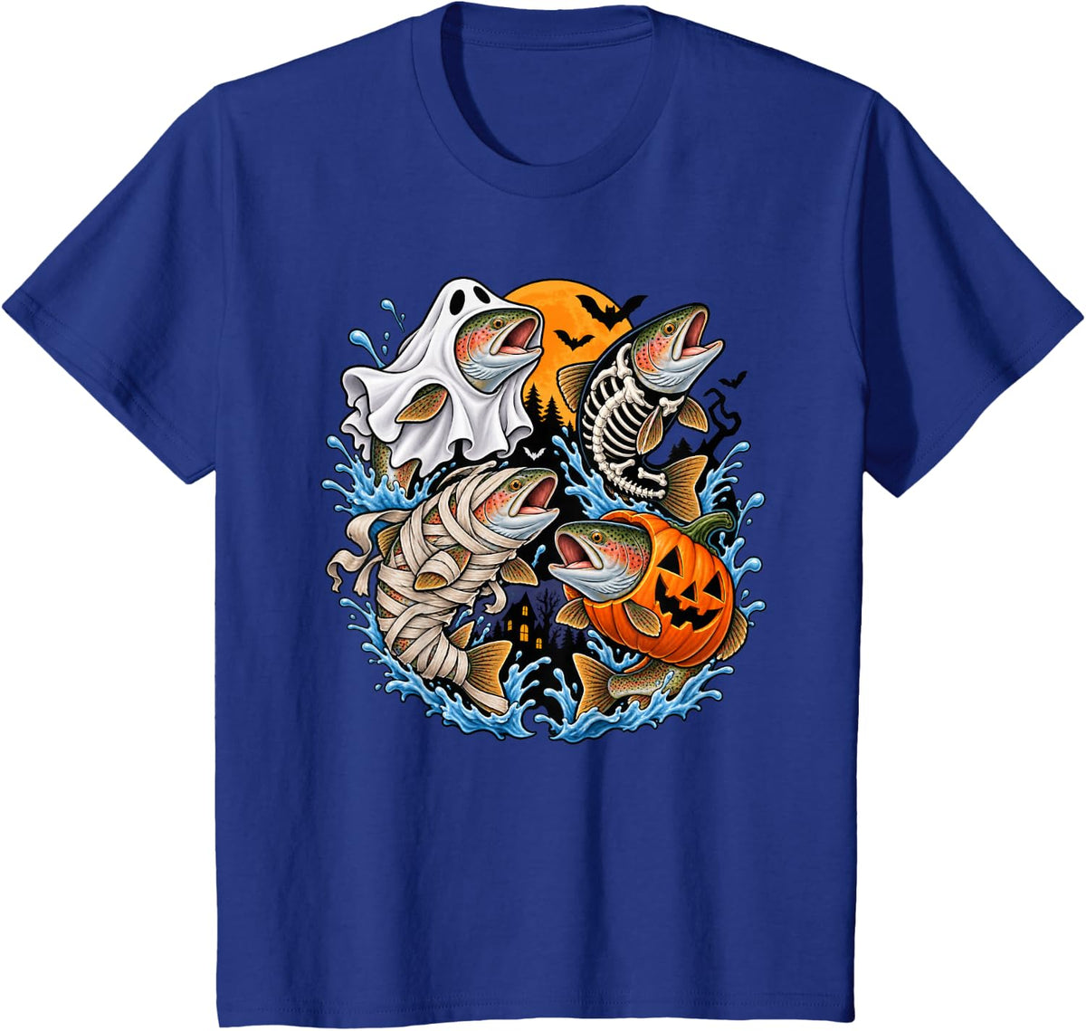 Trout Fish Ghost Pumpkin Skeleton Mummy Halloween Fishing T-Shirt - Royal Blue
