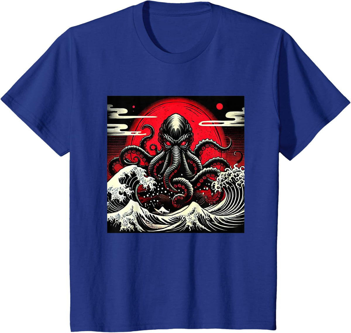 Japanese, Octopus, Art, Red Moon, Wave Graphic T-Shirt - Royal Blue