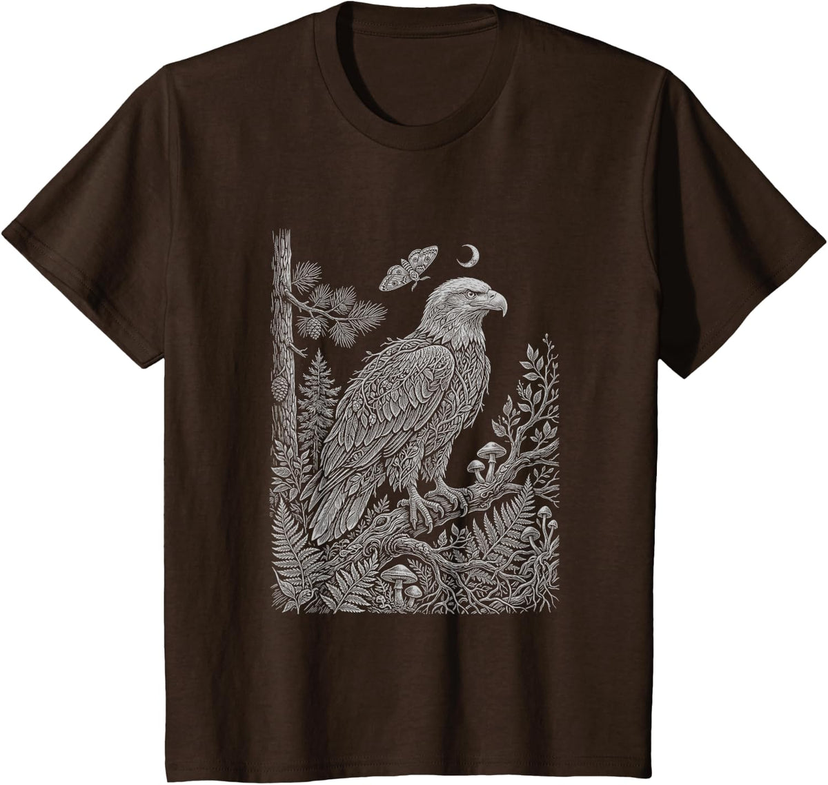 Bald Eagle Forest Mystical Spirit Moon Floral T-Shirt - Brown