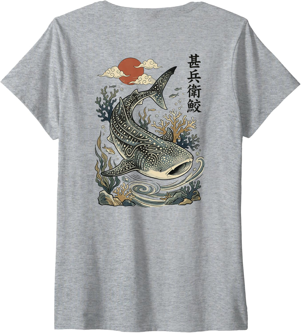 Women's Whale Shark Japanese Ocean (On Back) V-Neck T-Shirt - Heather Grey