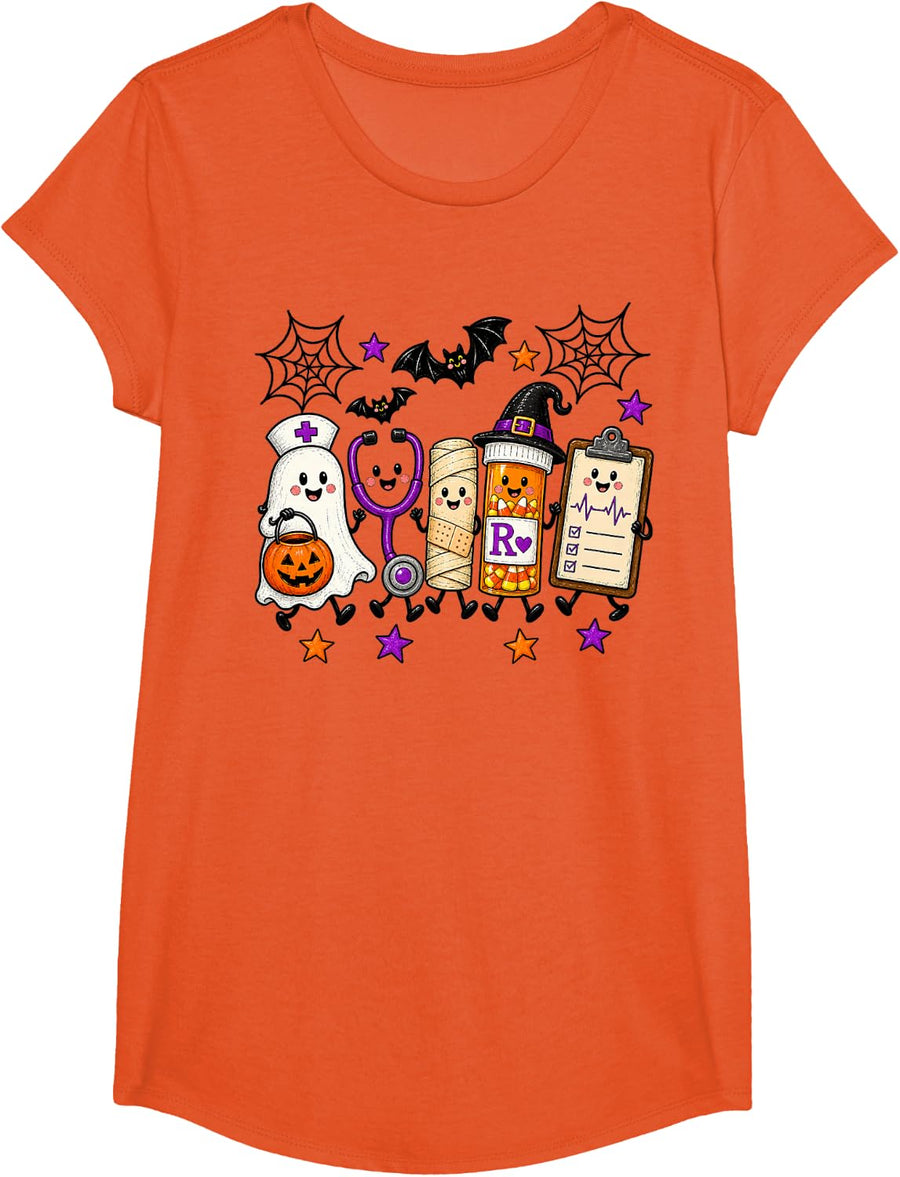 Halloween Nurse Crew Spooky Medical T-Shirt - Girls Orange