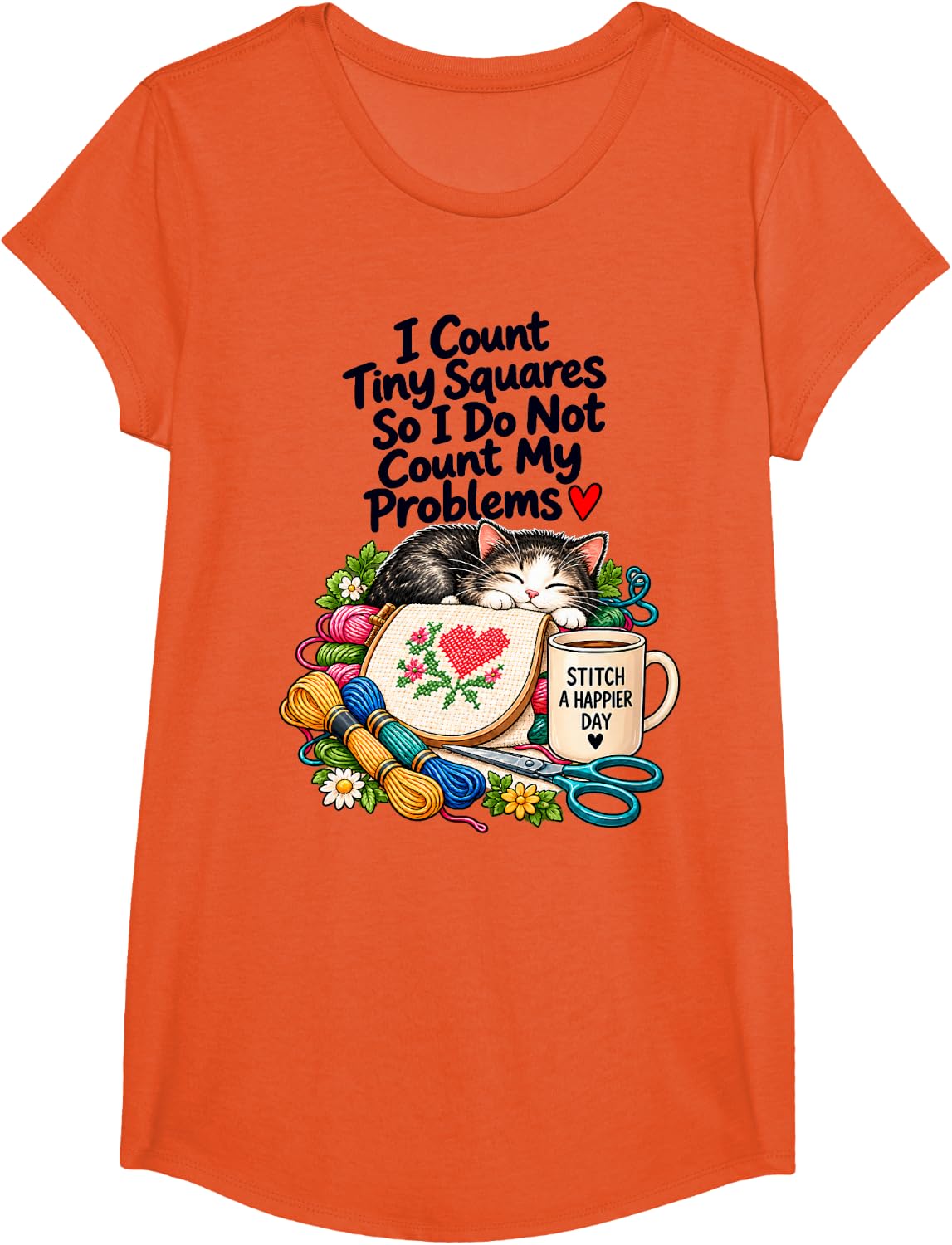 Funny Cross Stitch Cat Counting Squares Needlework Lover T-Shirt - Girls Orange
