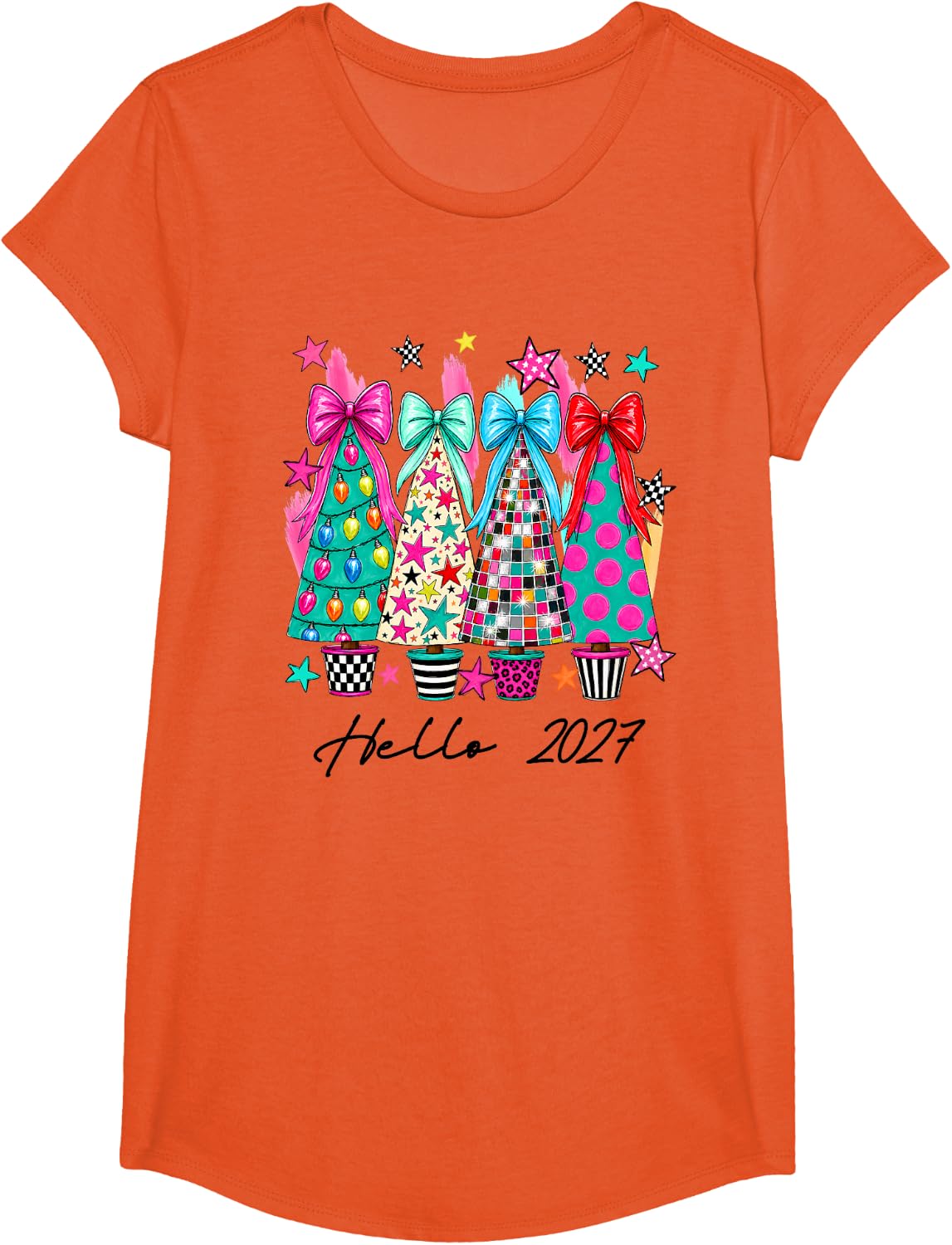Discco Xmas Tree Hello 2027, New Year 2027 Family Matching T-Shirt - Girls Orange