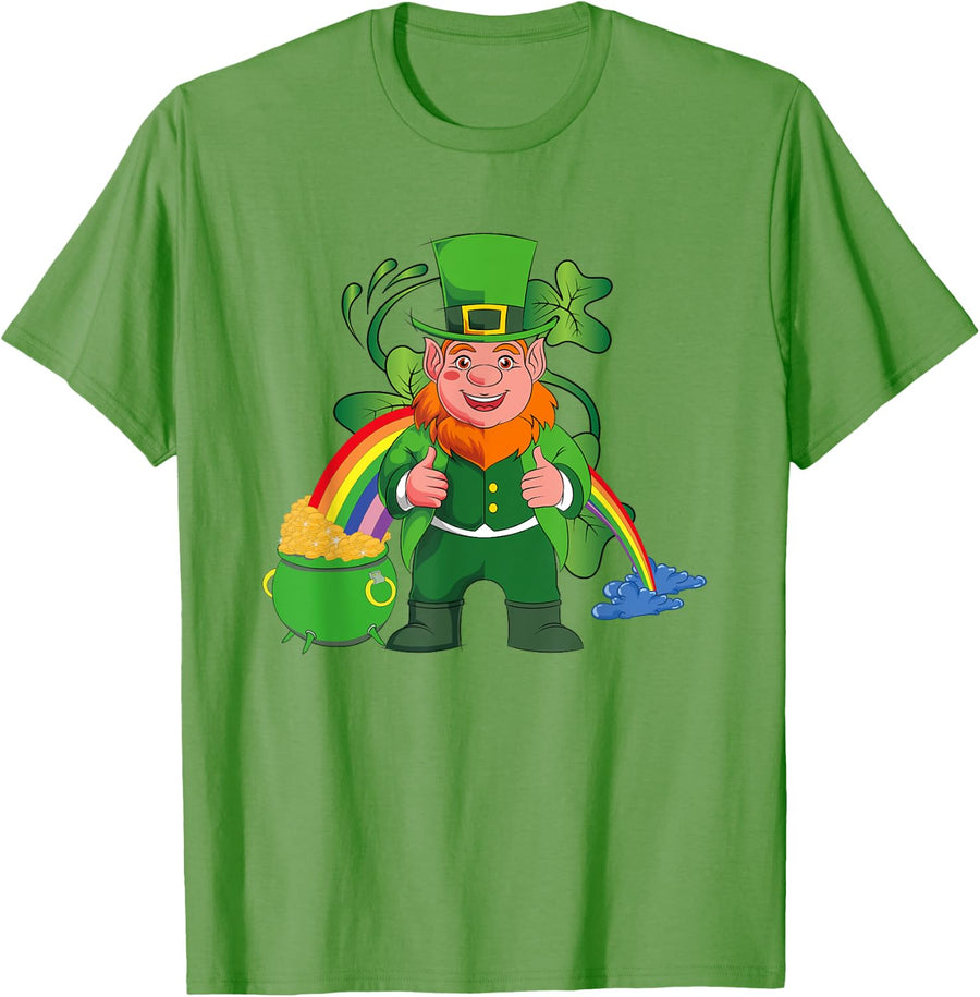 Rainbow Shamrock Leprechaun Pot Of Gold St Patricks Day T-Shirt - Grass Green