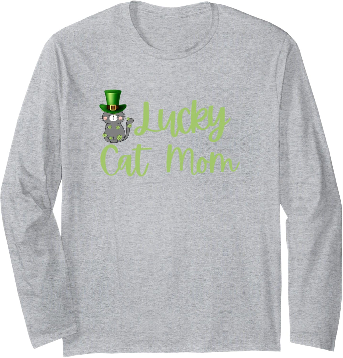 Lucky Cat Mom St. Patricks Day Funny Cat Lover Tee. Long Sleeve T-Shirt - Adult Unisex Heather Grey