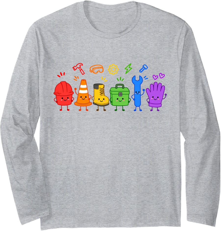 Blue Collar Worker Cute Tools Construction Tradesman Doodles Long Sleeve T-Shirt - Adult Unisex Heather Grey