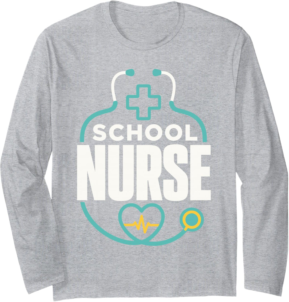 School Nurse Heart Stethoscope Medical Professional Long Sleeve T-Shirt - Adult Unisex Heather Grey