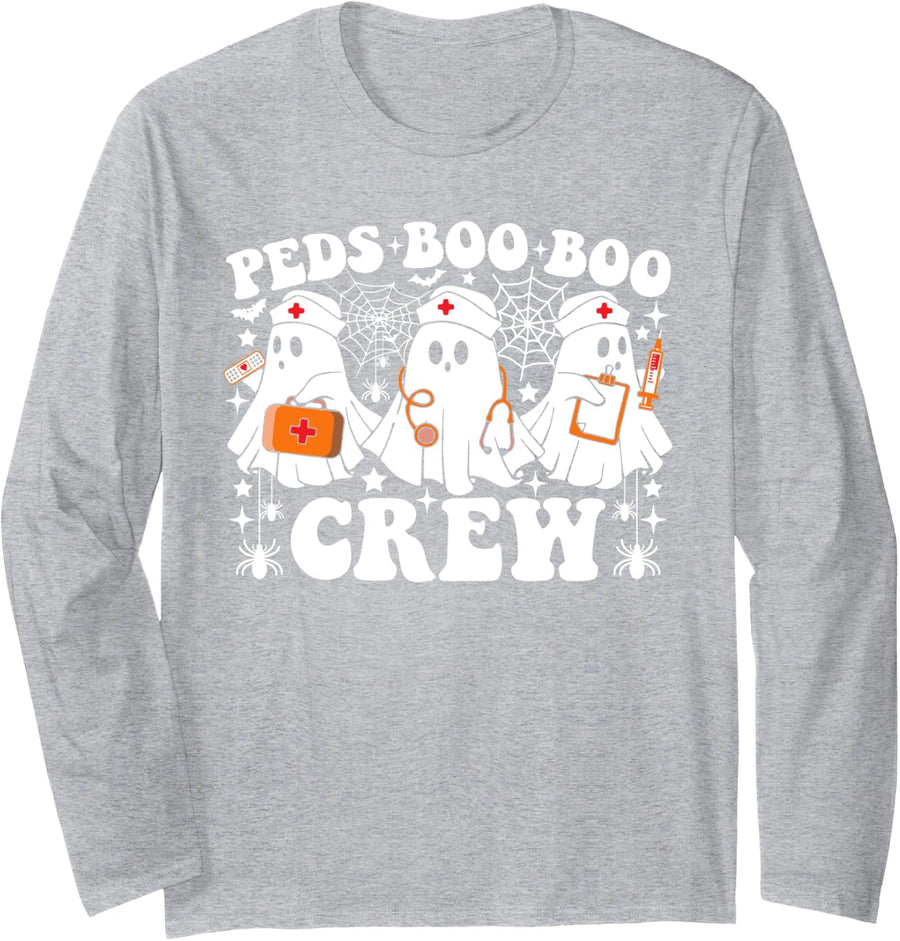 PEDS Boo Boo Crew Funny Ghost Halloween Pediatric Nurse Long Sleeve T-Shirt - Adult Unisex Heather Grey