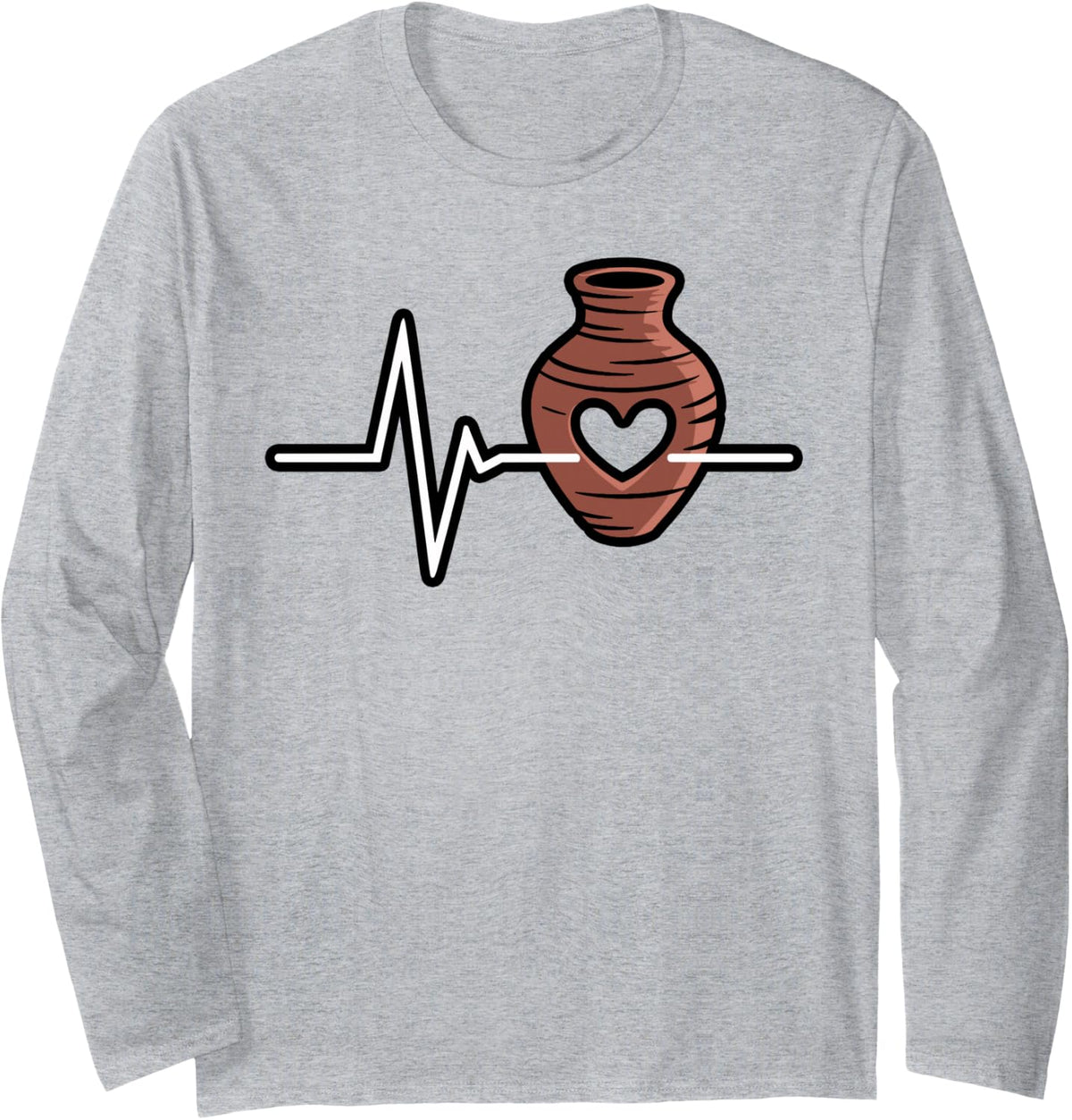 Pottery Heartbeat with Clay Wheel Line Art Long Sleeve T-Shirt - Adult Unisex Heather Grey