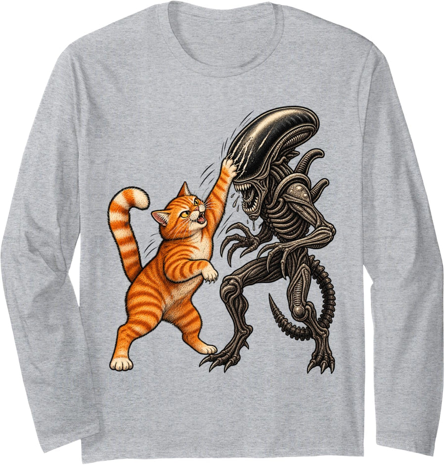 Funny Space Cat Alien Creature Cosmic Sci Fi Feline Lover Long Sleeve T-Shirt - Adult Unisex Heather Grey