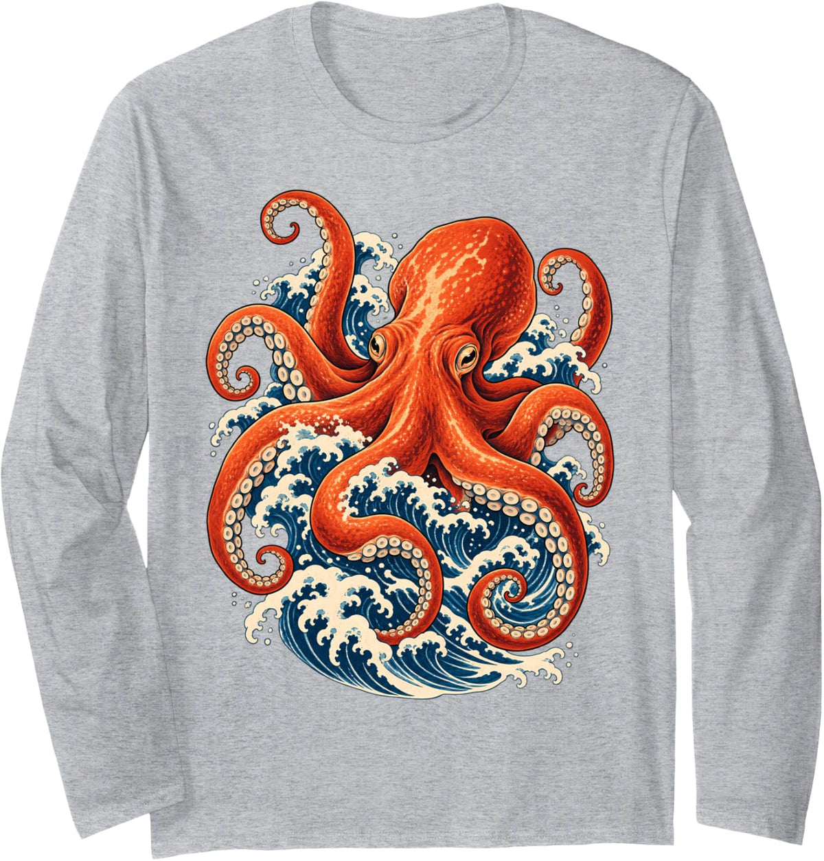 Japanese Wave Red Octopus Ocean Creature Art Long Sleeve T-Shirt - Adult Unisex Heather Grey