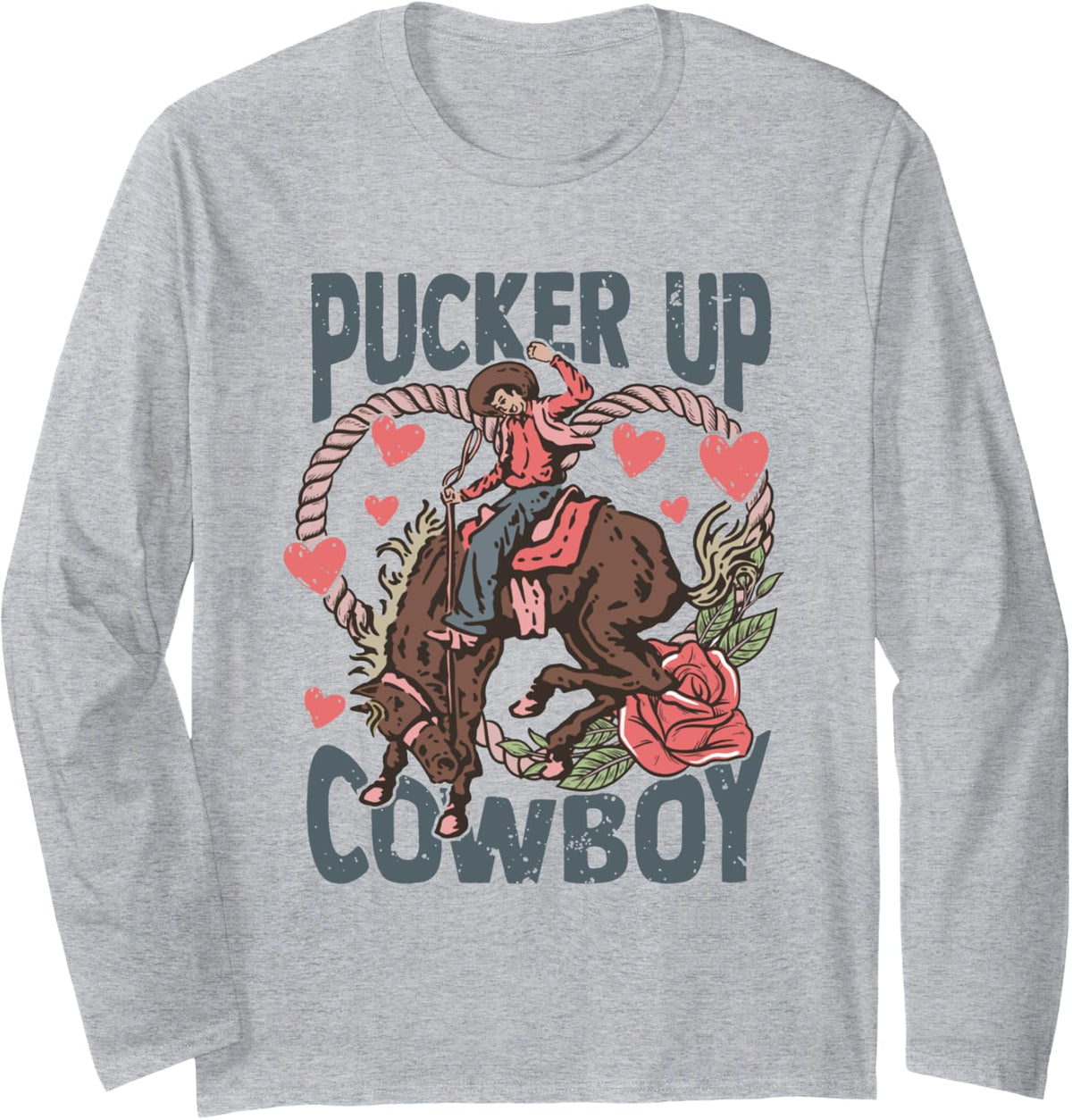 Pucker Up Cowboy Retro Groovy Howdy Valentines Cowboy Hat Long Sleeve T-Shirt - Adult Unisex Heather Grey