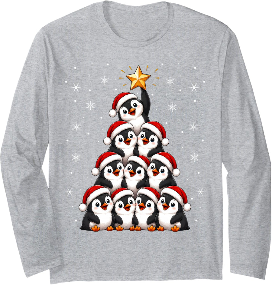 Penguin Christmas Tree Cute Festive Santa Penguin Xmas Long Sleeve T-Shirt - Adult Unisex Heather Grey