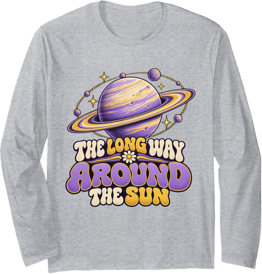 The Long Way Around The Sun Psychedelic Space Long Sleeve T-Shirt - Adult Unisex Heather Grey