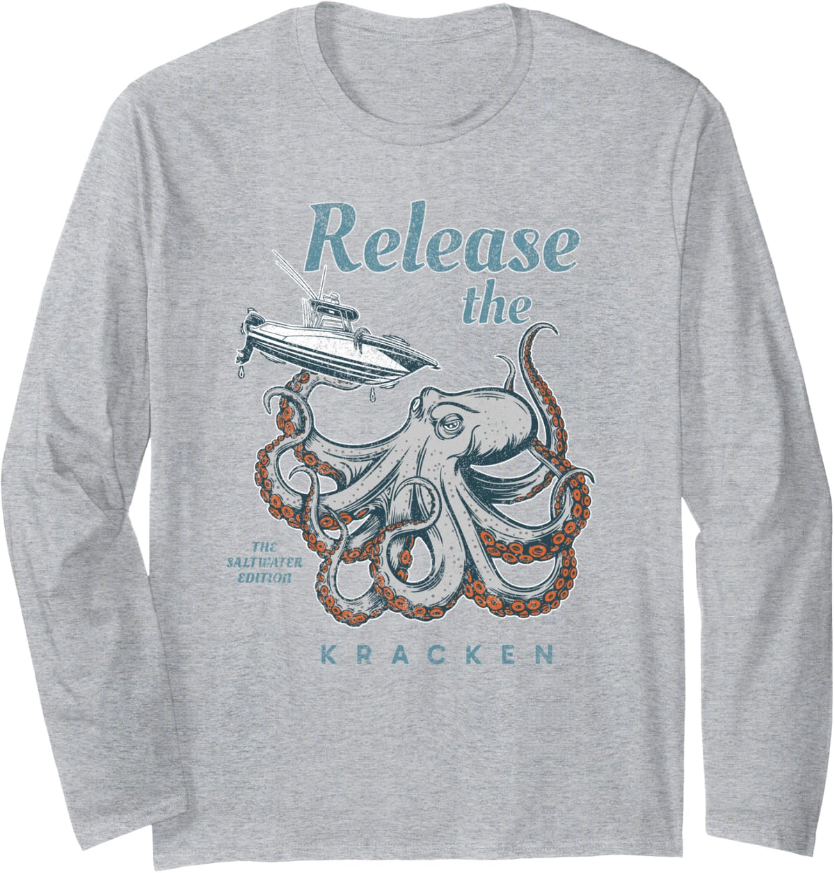 Release The Kraken Saltwater Fishing Tee Long Sleeve T-Shirt - Adult Unisex Heather Grey