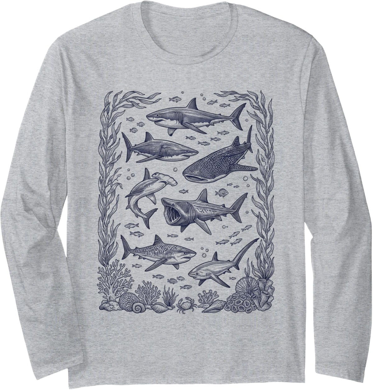 Sharks Ocean Life Sea Animals Long Sleeve T-Shirt - Adult Unisex Heather Grey