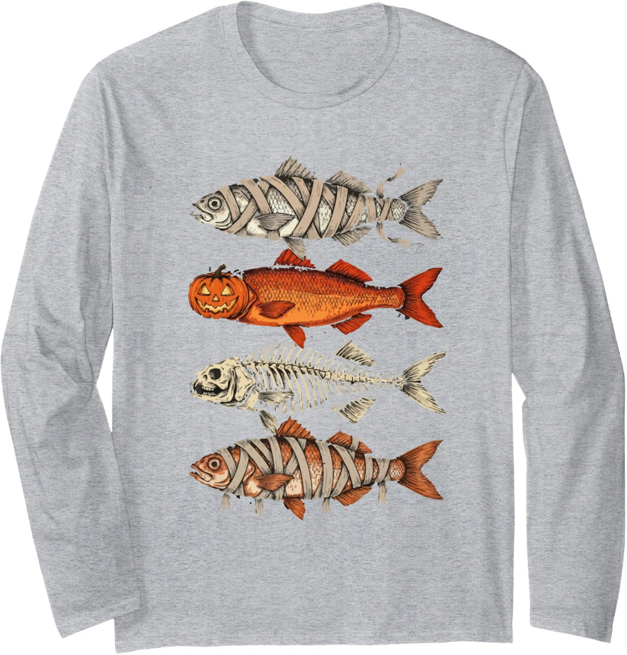 Trout Fish Ghost Pumpkin Funny Halloween Skeleton Mummy Long Sleeve T-Shirt - Adult Unisex Heather Grey