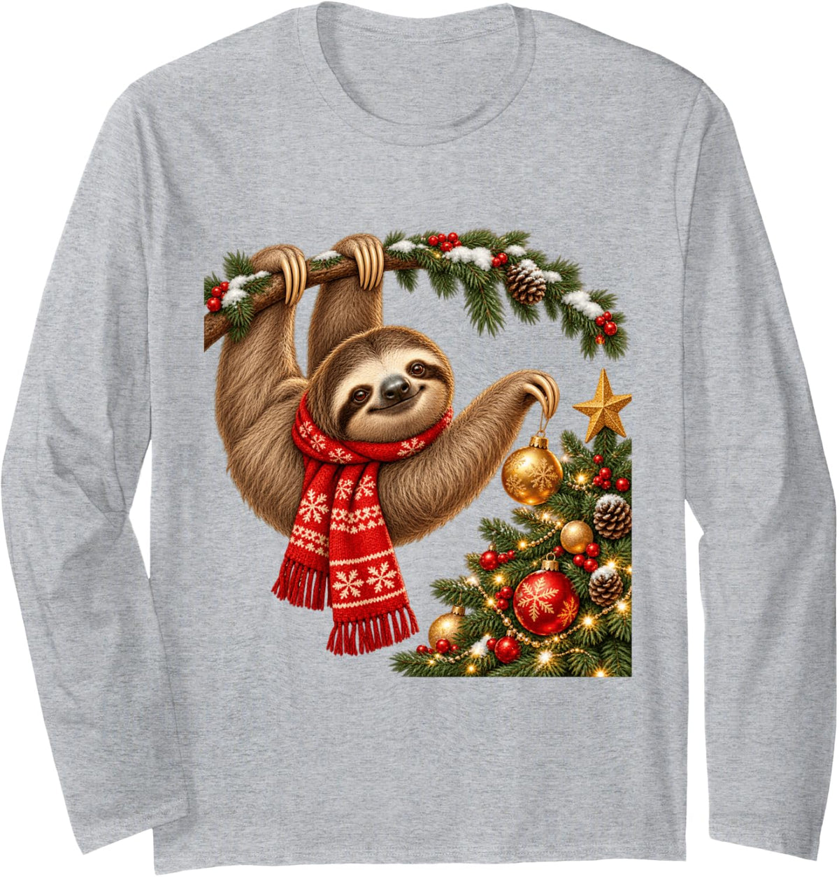 Cute Christmas Sloth Hanging on Tree Funny Holiday Long Sleeve T-Shirt - Adult Unisex Heather Grey