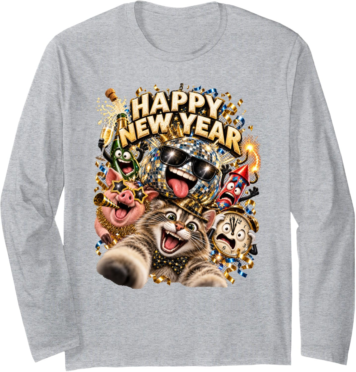 Happy New Year Cat Selfie Giant Disco Ball Party Art Long Sleeve T-Shirt - Adult Unisex Heather Grey