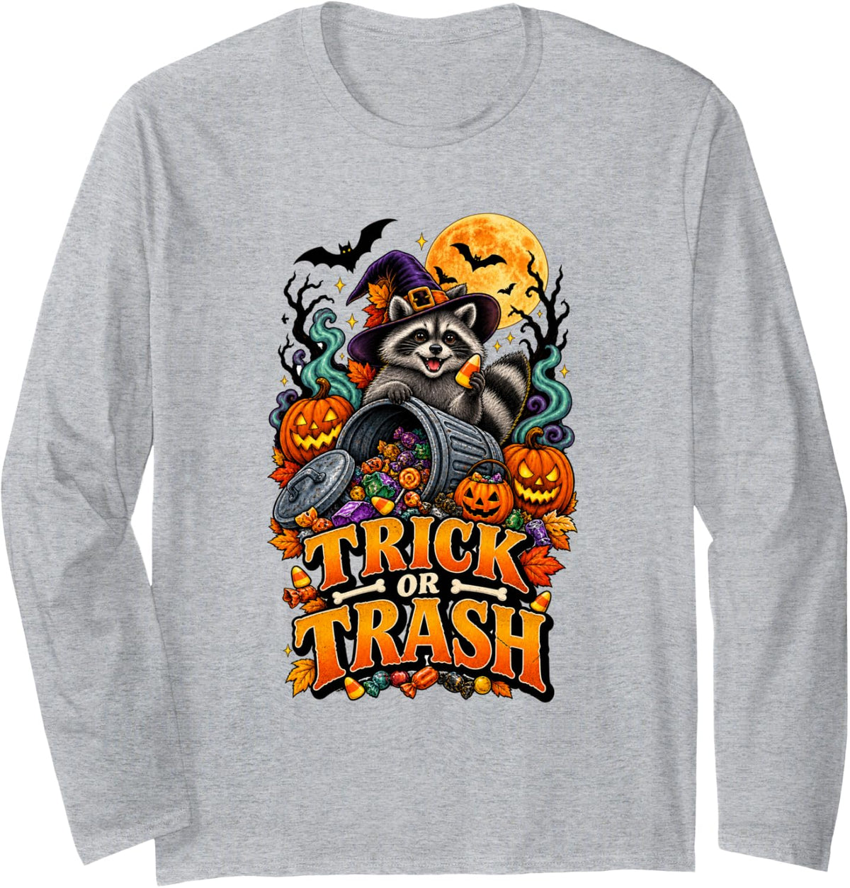 Trick or Trash Funny Raccoon Halloween Witch Long Sleeve T-Shirt - Adult Unisex Heather Grey