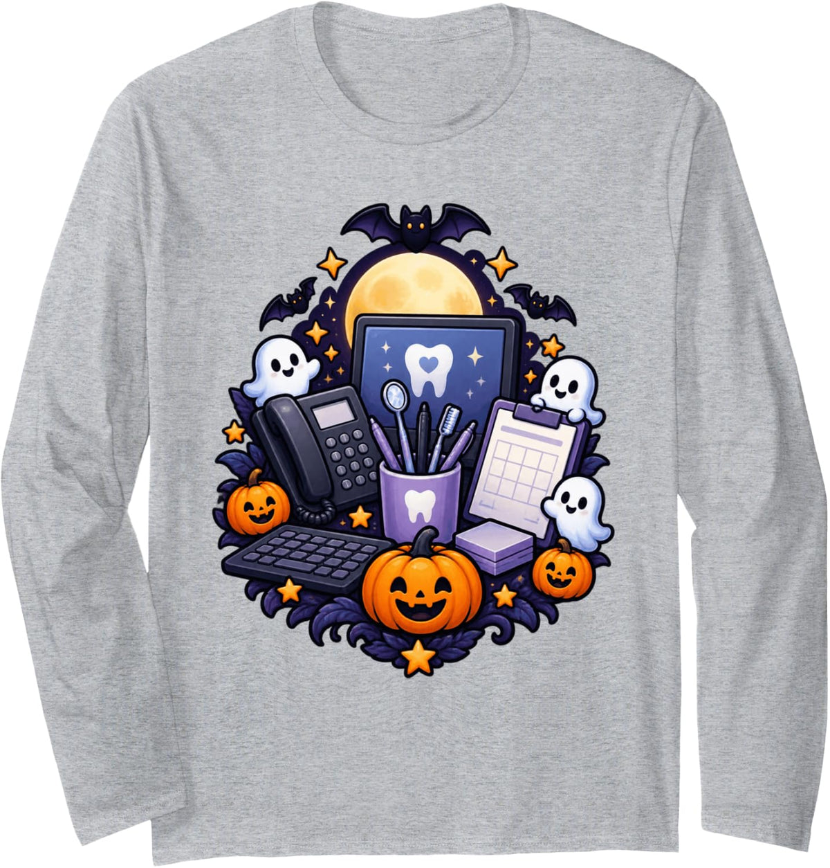 Spooky Dental Office Halloween Dentist Staff Long Sleeve T-Shirt - Adult Unisex Heather Grey
