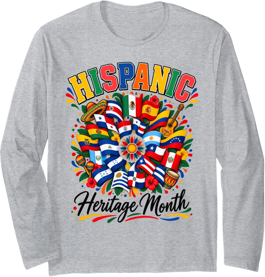 Hispanic Heritage Month Flags Latino Countries Pride Art Long Sleeve T-Shirt - Adult Unisex Heather Grey