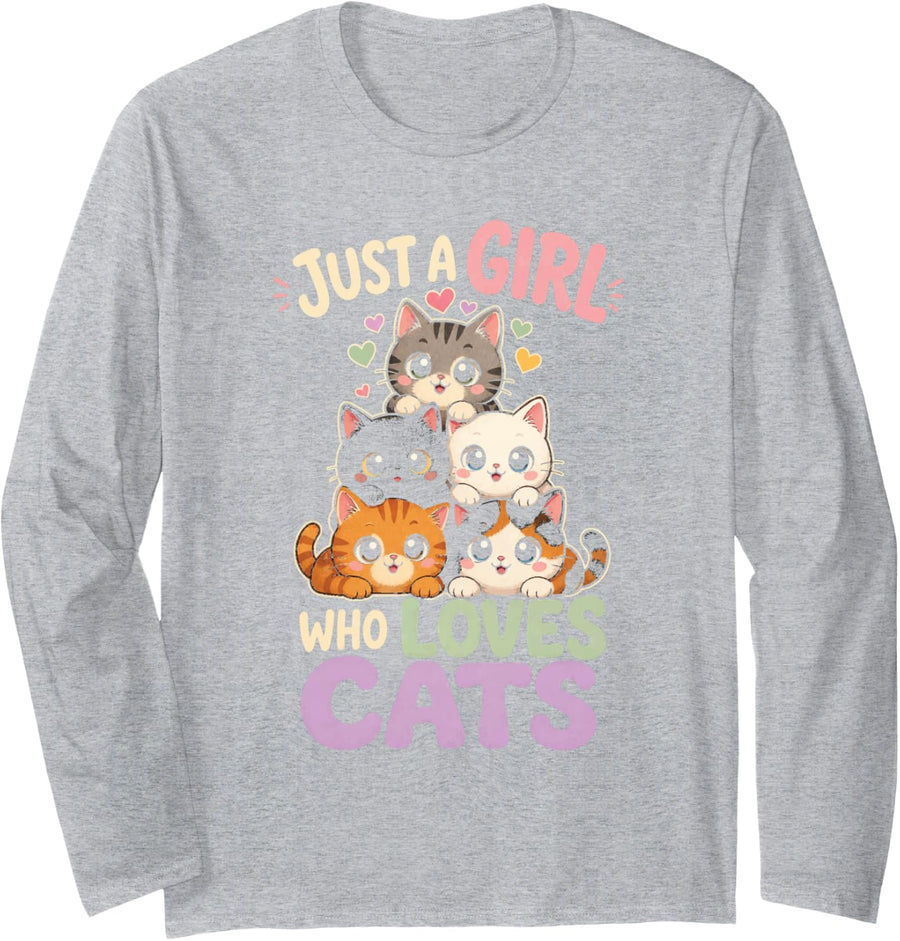 Cat Lover Just a Girl Who Loves Cats Kawaii Cute Kittens Long Sleeve T-Shirt - Adult Unisex Heather Grey