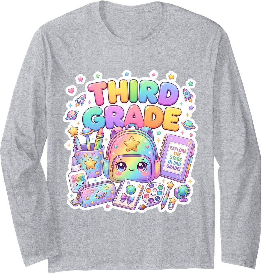 Cute Backpack 3rd Third Grade Back to School Girl Teacher Long Sleeve T-Shirt - Adult Unisex Heather Grey