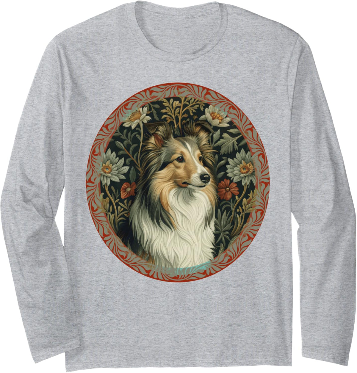 Shetland Sheepdog Vintage Floral Sheltie Long Sleeve T-Shirt - Adult Unisex Heather Grey