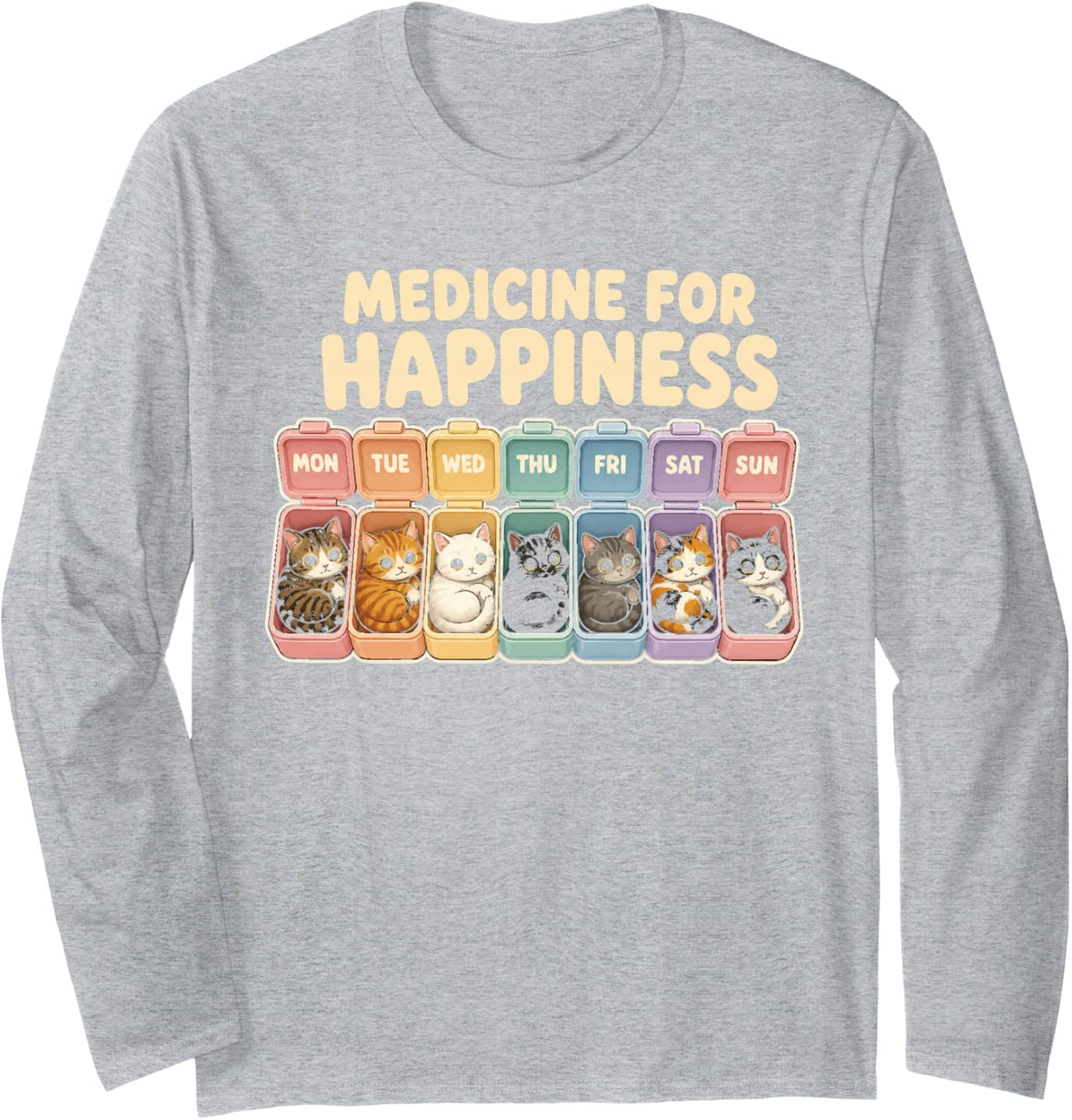 Cat Mom Medicine for Happiness Kawaii Kittens Pill Box Long Sleeve T-Shirt - Adult Unisex Heather Grey