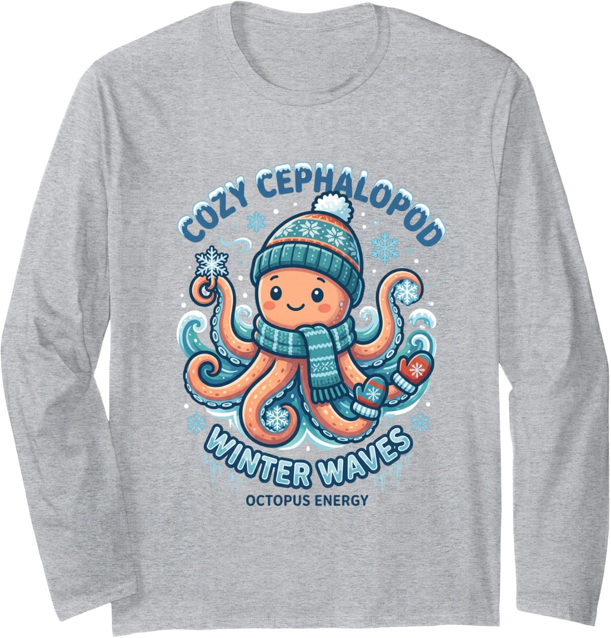 Cute Winter Octopus Beanie Snowflake Ocean Long Sleeve T-Shirt - Adult Unisex Heather Grey
