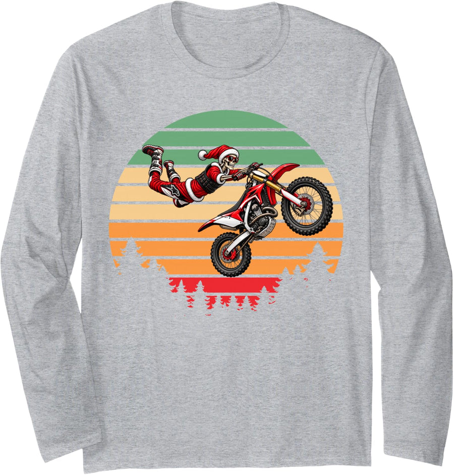 Bike Rider Skeleton Christmas Sunset Motocross Long Sleeve T-Shirt - Adult Unisex Heather Grey