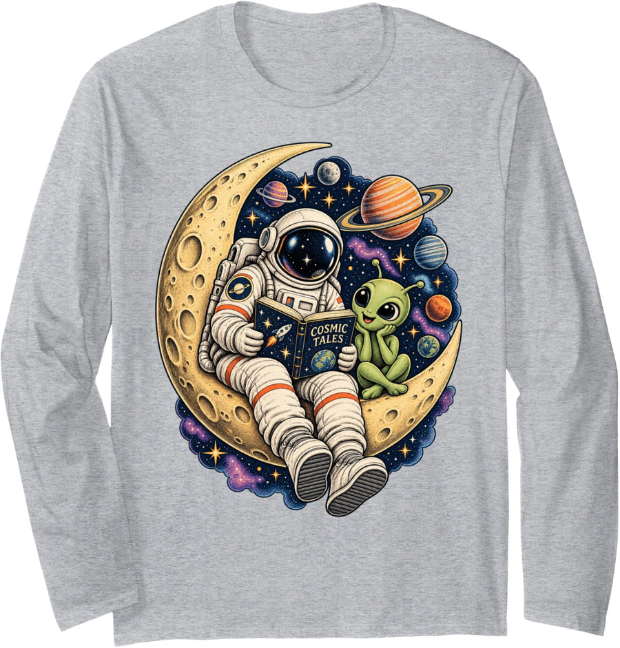 Astronaut Reading with Alien Moon Space Cosmic Adventure Long Sleeve T-Shirt - Adult Unisex Heather Grey