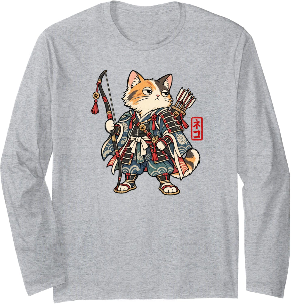 Calico Cat Samurai Archer Japanese Warrior Vintage Art Long Sleeve T-Shirt - Adult Unisex Heather Grey