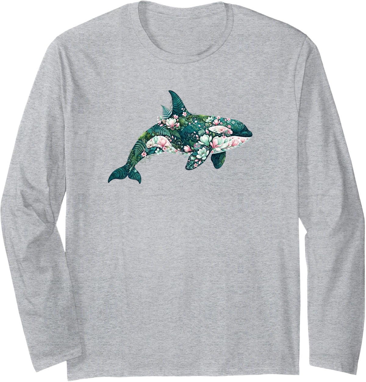 Floral Orca Whale Botanical Aesthetic Long Sleeve T-Shirt - Adult Unisex Heather Grey