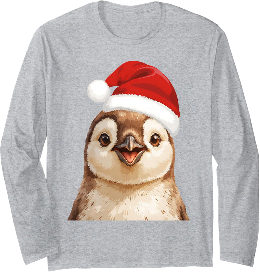 Funny Penguin Santa Hat Christmas Animal Lover Men Women Kid Long Sleeve T-Shirt - Adult Unisex Heather Grey
