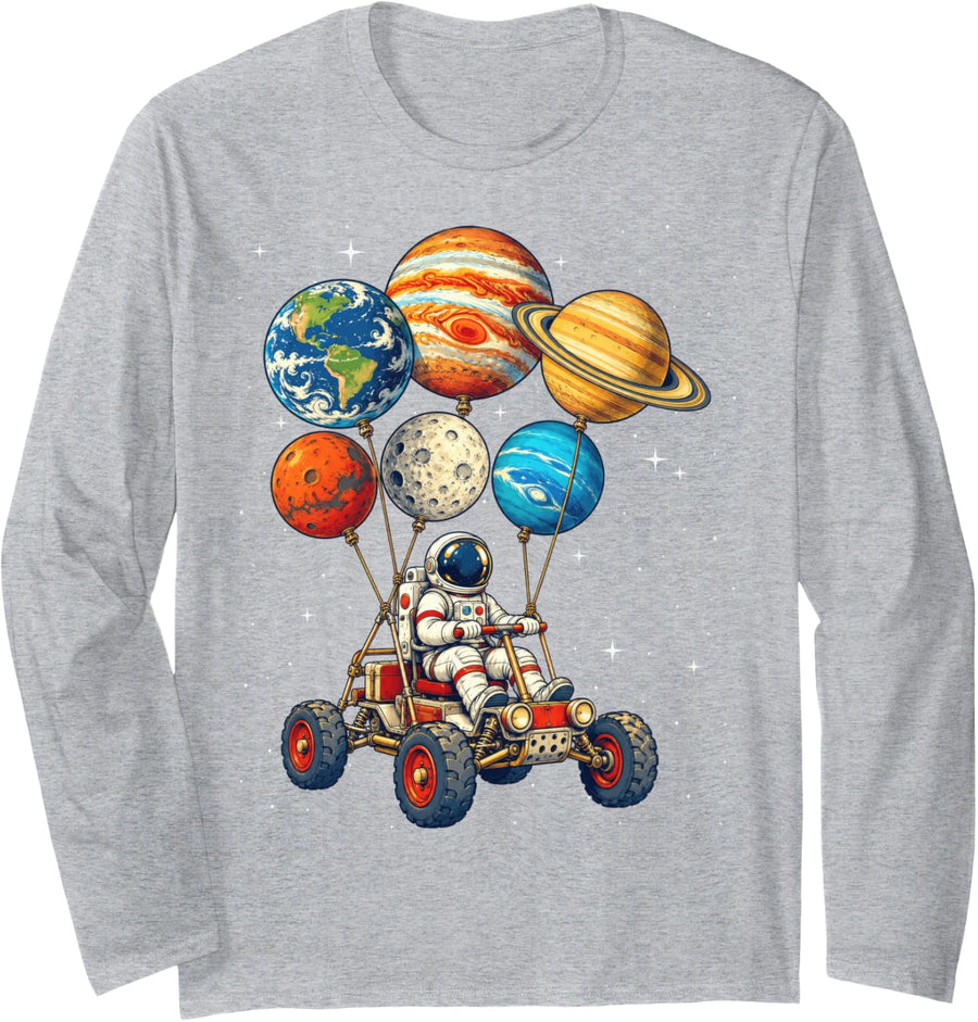 Astronaut Driving Moon Rover with Solar System Balloons Long Sleeve T-Shirt - Adult Unisex Heather Grey