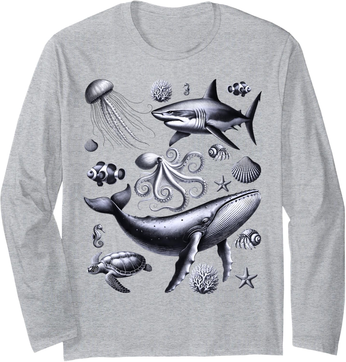 Ocean Animals Tee Shark Whale Turtle Oceanography Graphic Long Sleeve T-Shirt - Adult Unisex Heather Grey