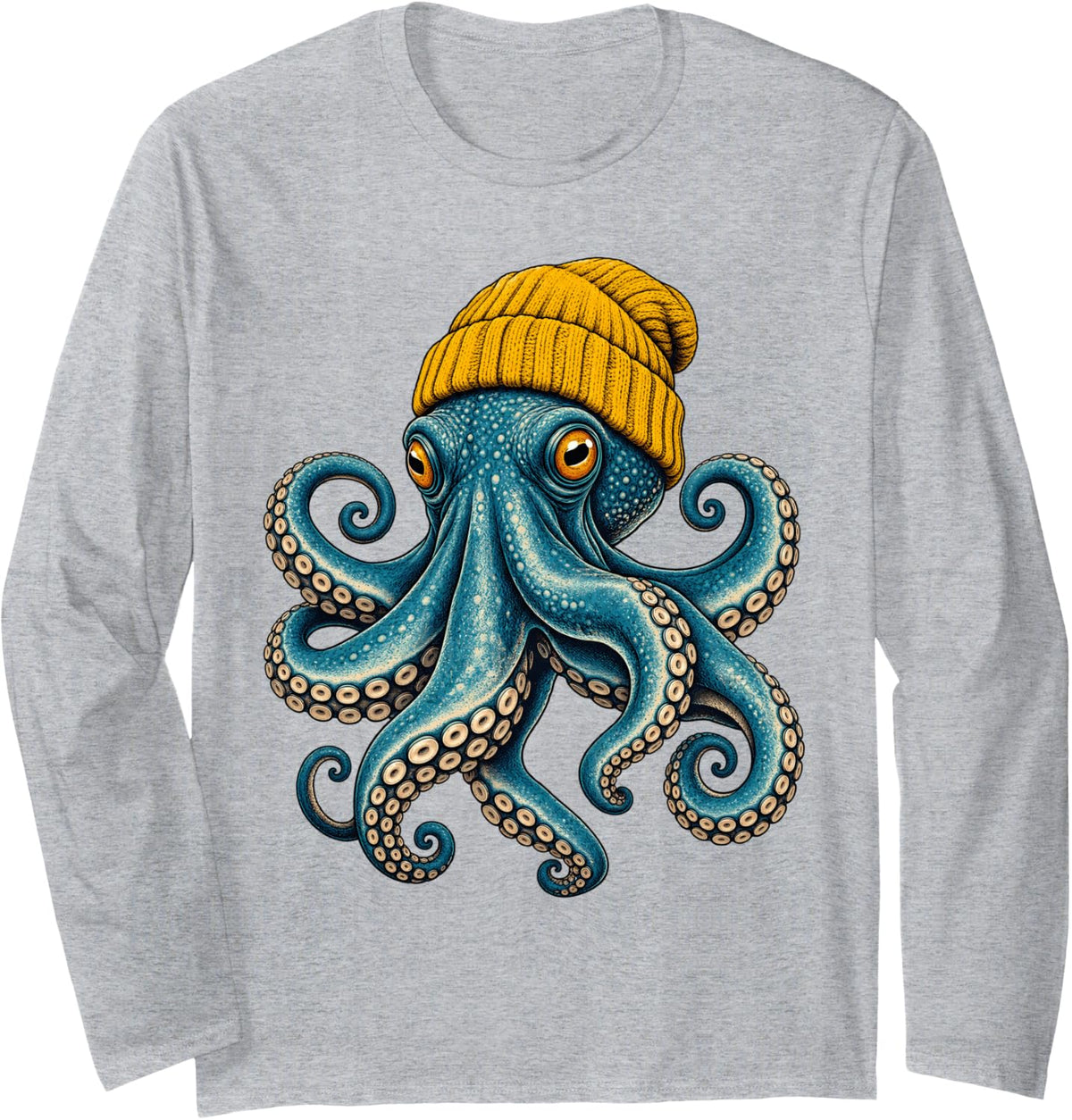 Octopus Wearing Beanie Long Sleeve T-Shirt - Adult Unisex Heather Grey