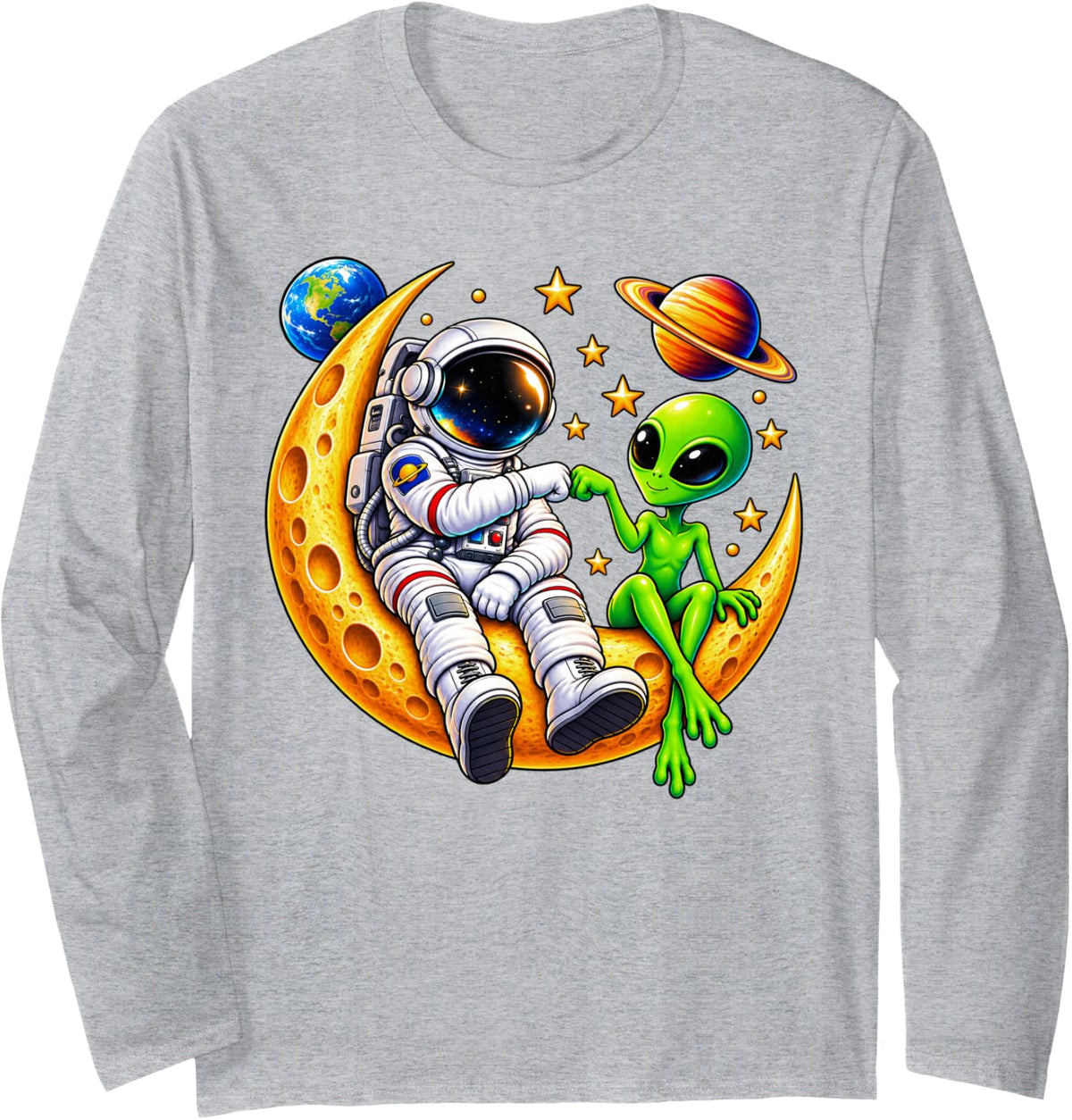 Astronaut Alien Friends Moon Space Cosmic Friendship Galaxy Long Sleeve T-Shirt - Adult Unisex Heather Grey