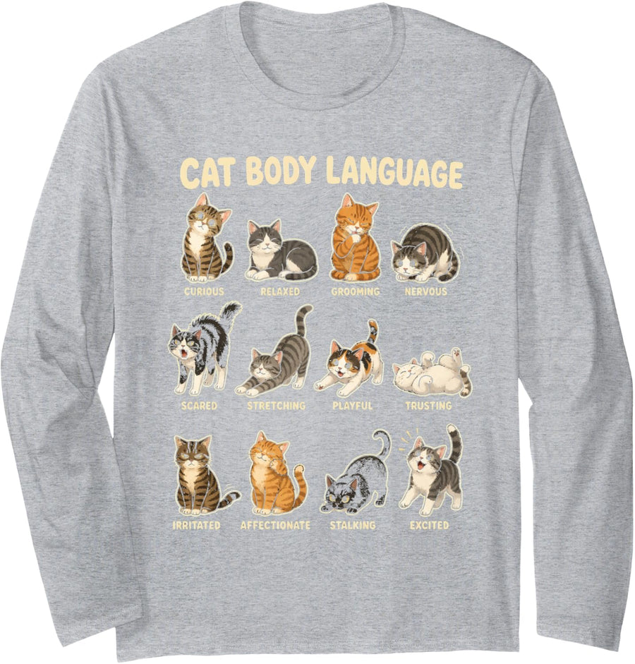Cat Body Language Chart Mom Gift Curious Relaxed Playful Long Sleeve T-Shirt - Adult Unisex Heather Grey