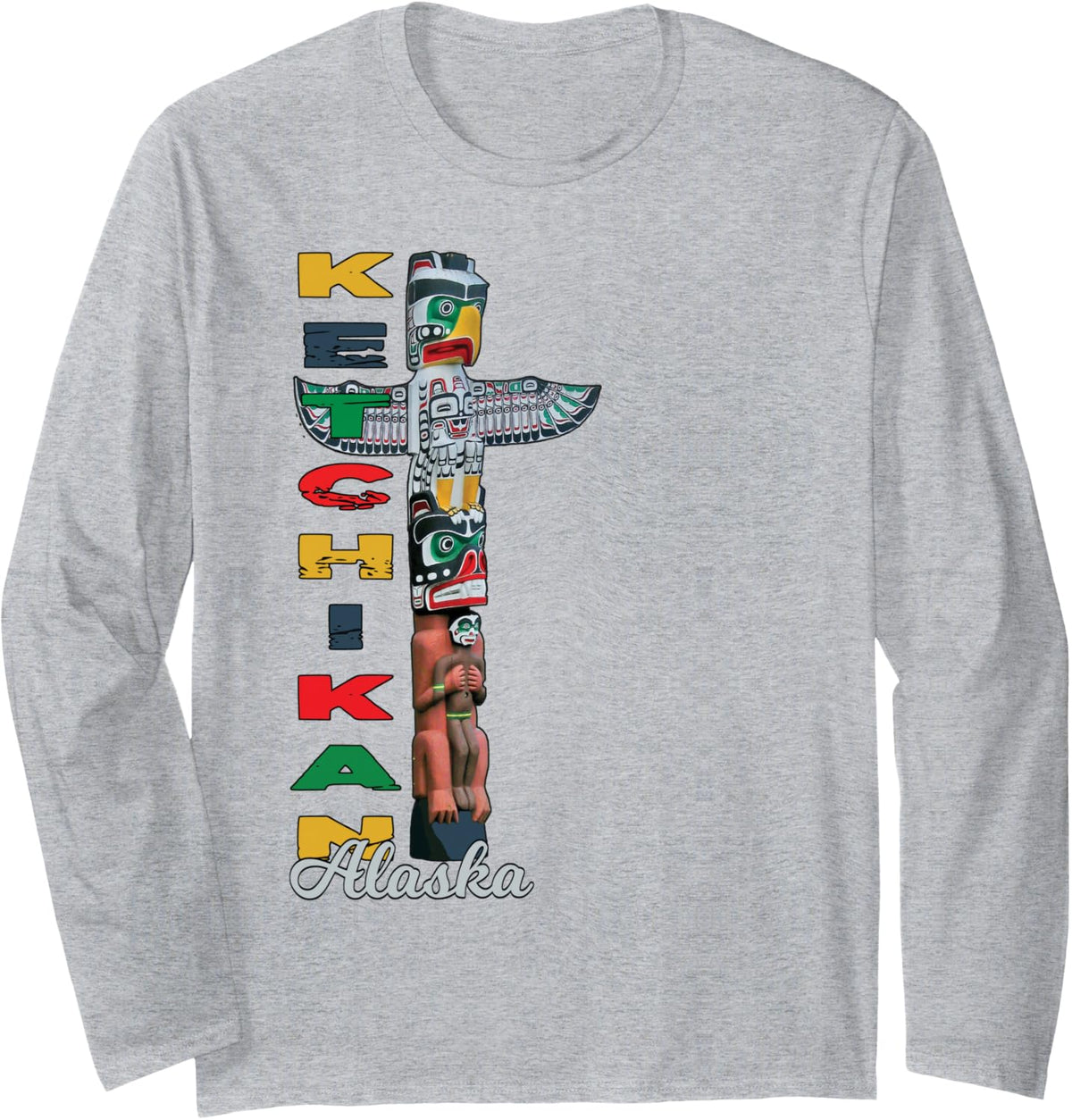 Ketchikan Alaska Totem Pole Native Art Souvenir Keepsake Long Sleeve T-Shirt - Adult Unisex Heather Grey